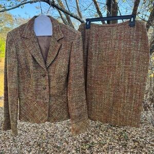 TALBOTS Multi Earth Tone Silk Blend Vintage Tweed Button Blazer/Skirt Suit Sz 10